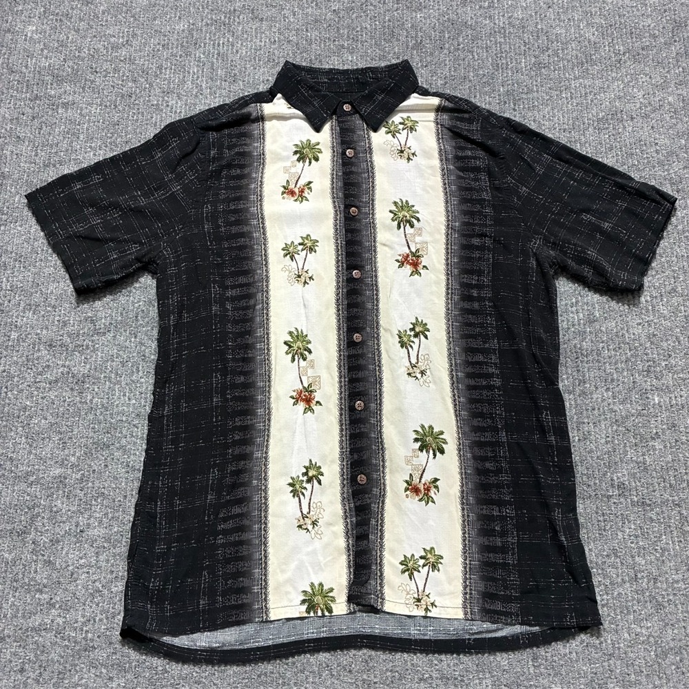 Campia Mens Button Up Shirt L Black Beige Panel Palm Tree Floral Easy Care